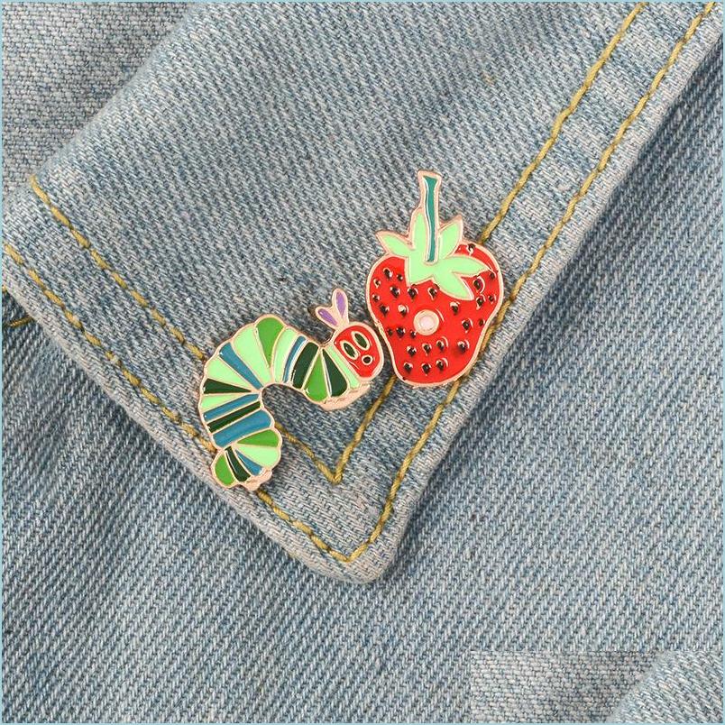 

Pins Brooches Enamel Brooch Pins Stberry Caterpillar Cartoon Plant Animal Badge Lapel Brooches Pin Denim Jeans Shirt Bag Fu Dhgarden Dhcn5