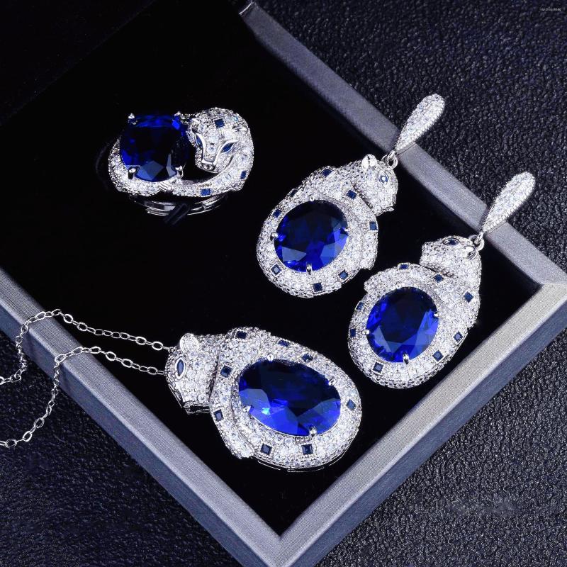 

Necklace Earrings Set Luxury Designer Simulated Sapphire Leopards For Women Blue Crystal Pendant Ring Valentines Gifts, Picture shown