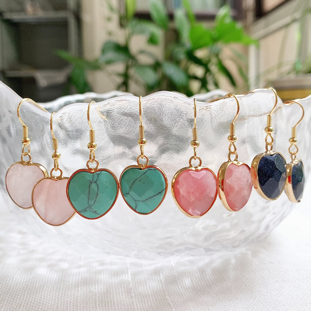 

ashon Heart Dangle Earrings for Women Colorful Stone Love Heart Charm Red Agates Opal Quartz Pink Crystal Earring