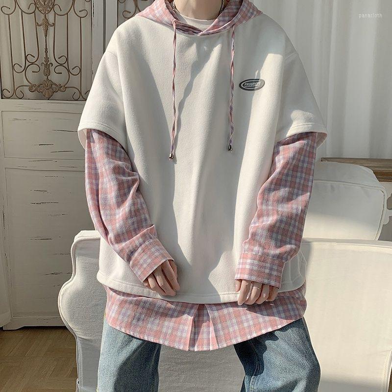 

Men' Hoodies Fake Two Piece Long Sleeve Men Hooded Sweatshirt Korean Fashion Splice Plaid Print All-match Harajuku Oversized Pullover T, Apricot