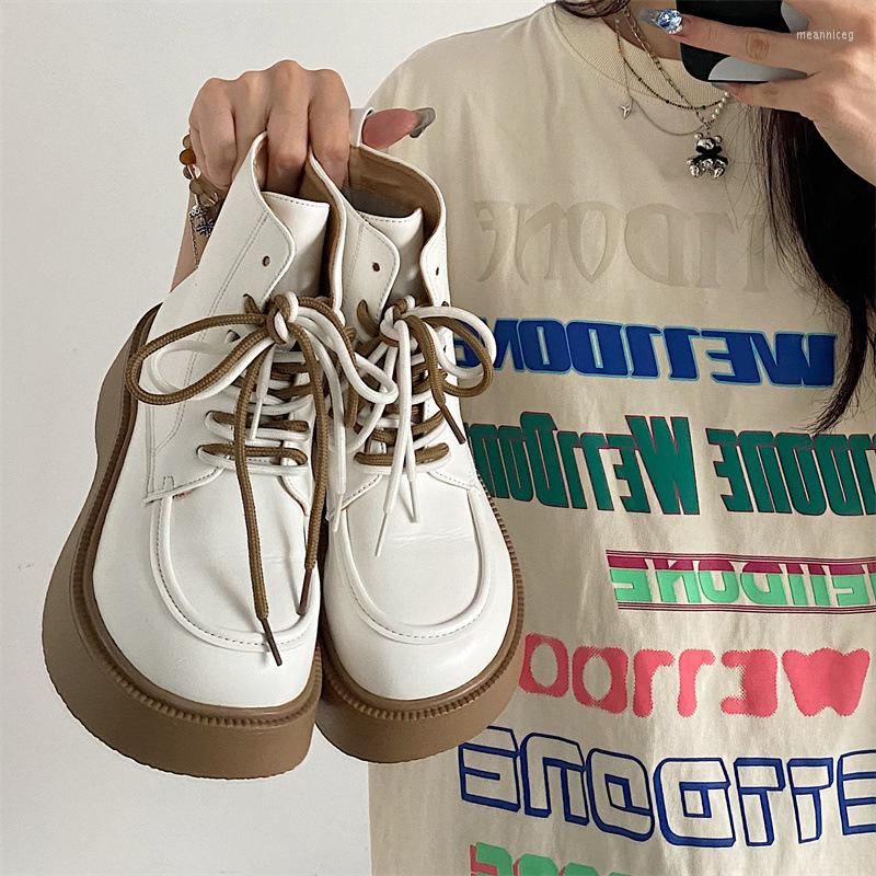 

Boots 2023 Women's Ankle Leather Platform White Chunky Woman Shoes Winter Lace Up Motorcycle Female Designer