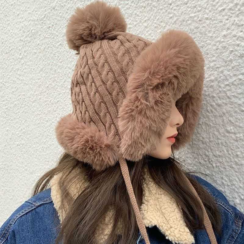 

Cloches New Lei Feng hat Warm keeping knitted hat Women's Northeast winter outdoor riding windproof ear protection One piece plush thickening, 3 ball hat khaki