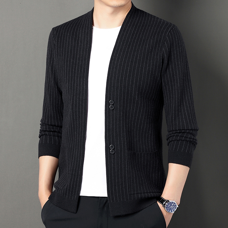 

Men's Sweaters High End Luxury Brand Cardigan Vneck Sweaters Long Sleeve Men's Winter Soft Sweater Fashion Striped Korean Autumn 221128, Black