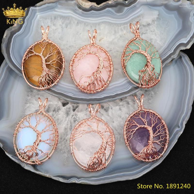 

Pendant Necklaces 5pcs Natural White Pink Amethysts Quartz Oval Pendants Plated Rose Gold Wire Wrapped Tree Of Life Charms For DIY Jewelry