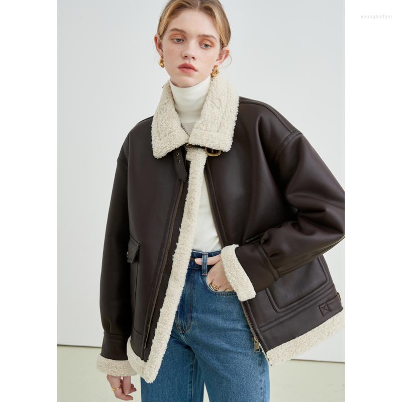 

Women's Down Winter Women Brown Jacket Parker Fleece Lambswool Lapel Coat Fashion Zipper Windproof Warm Leisure Retro Outerwear Tops, Coffee