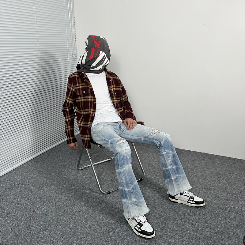 

Men Jeans and Womens Leather Vintage Denim Trousers Loose Wide Leg Light Blue Pants