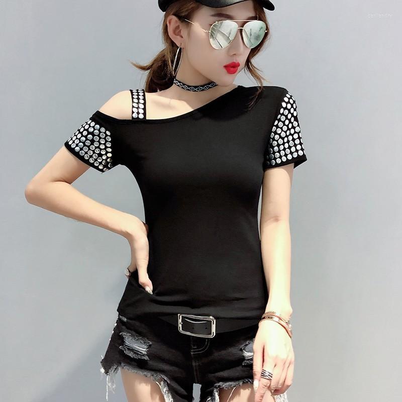 

Women' T Shirts Women' T-Shirt Sexy Summer Womens Off The Shoulder Slim Fit Rivet Top Tees Short Sleeve Pullover Plus Size 3XL, Black