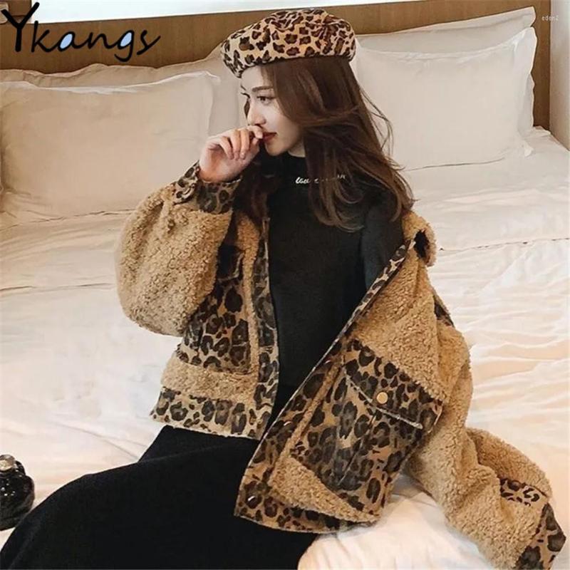 

Women' Fur Autumn Winter Korea Fashion Splice Leopard Short Coat Thick Warm Women Plush Loose Lamb Wool Turn-Down Collar Fluffy Jacket, Brown