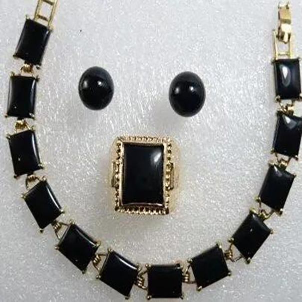 

new Stunning wholesale Men's Yellow Black Agate Bracelet Earring ring jewelry set