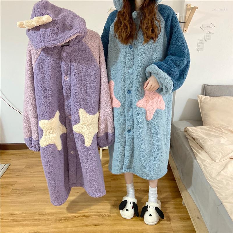

Women's Sleepwear Star Nightgown Female Autumn And Winter Long Coral Fleece Warm Pajamas Women's Bathrobe Casual Home Wear Kimono Robe, Blue