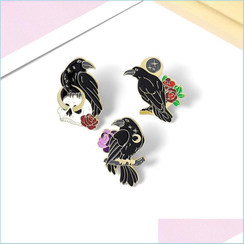 

Pins Brooches Gothic Dark Magic Brooches Creative Fashion Crow Skeleton Rose Enamel Pins Personality Unique Badges Lapel Backpack J Dhaiv
