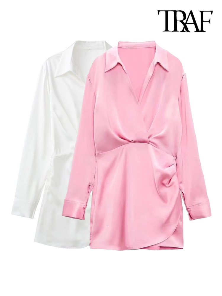 

Casual Dresses TRAF Women Fashion With Gathered Satin Mini Dress Vintage V Neck Long Sleeve Female Vestidos Mujer 221125, As picture