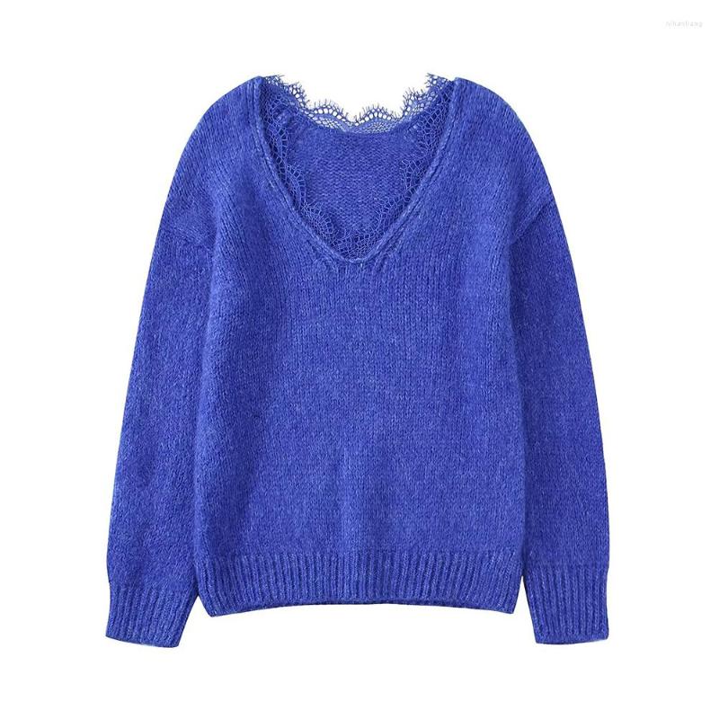 

Women' Sweaters Women' Lace Patchwork Knitwear Casual Vintage Long Sleeve V-Neck Fashion Solid Color Female Chic Sweater Pullover, Royal blue