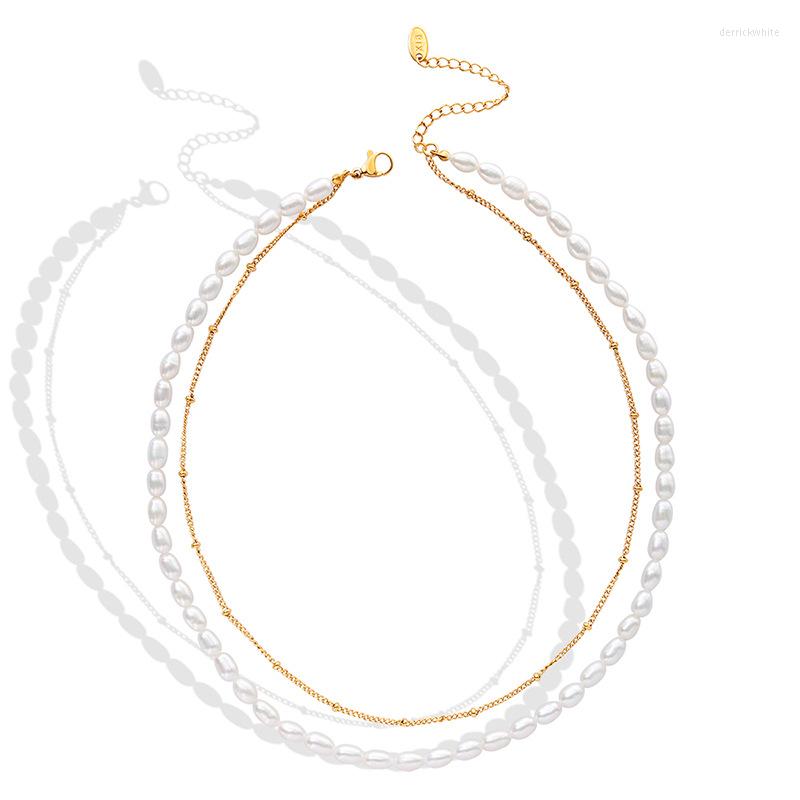 

Choker Golden Stainless Steel Chain Layered Necklace For Women Elegant Baroque Natural Freshwater Pearls Jewelry Collar Wedding
