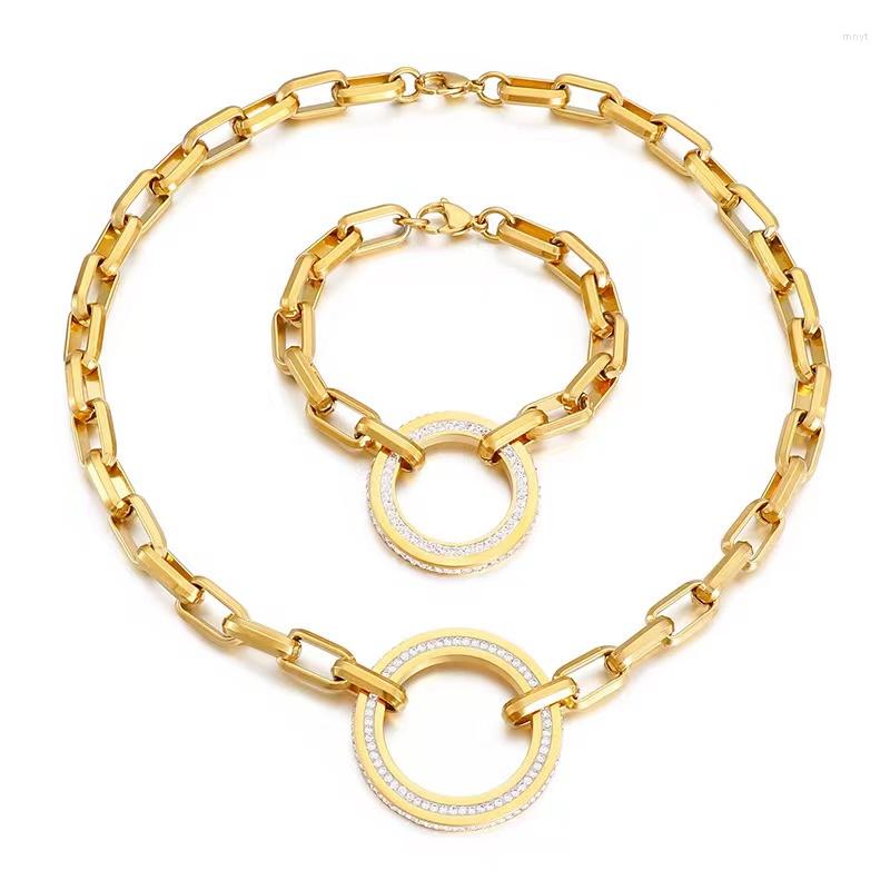

Necklace Earrings Set Link Chain For Women Wedding Bridal Luxury Bracelet Round Rhinestone Stainless Steel Dubai Jewellery, Picture shown