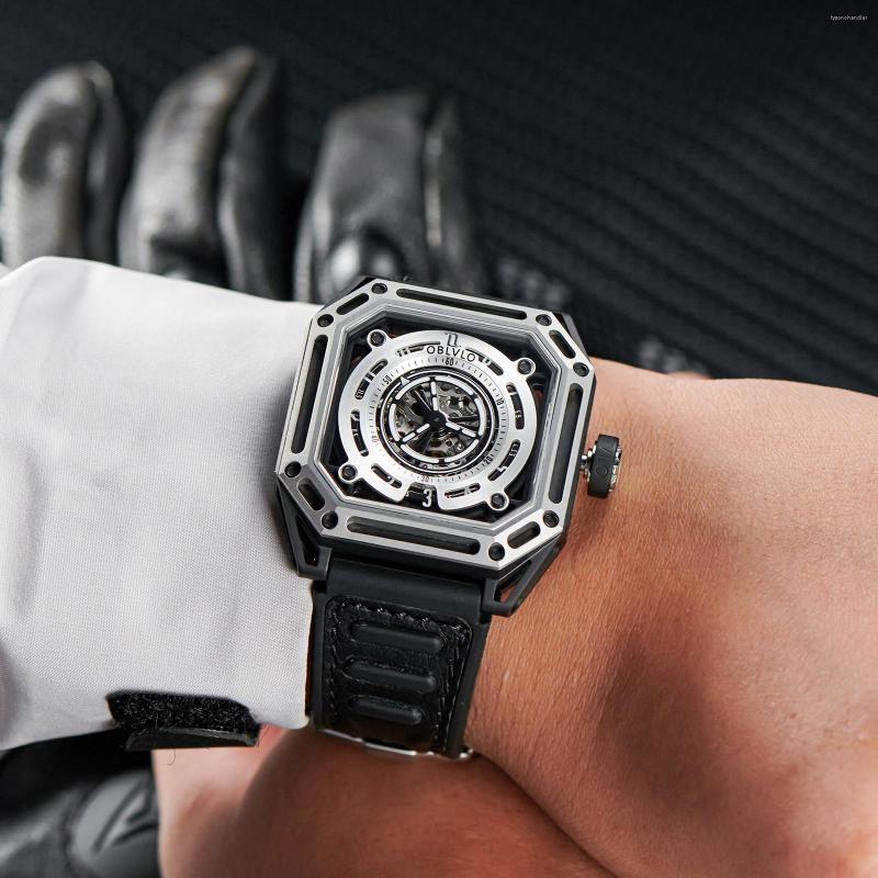 

Wristwatches OBLVLO Sport Watch For Men Self-wind Mechanical Automatic Full Steel Waterproof Square Cool Luminous AK, Ak-s-ywbb
