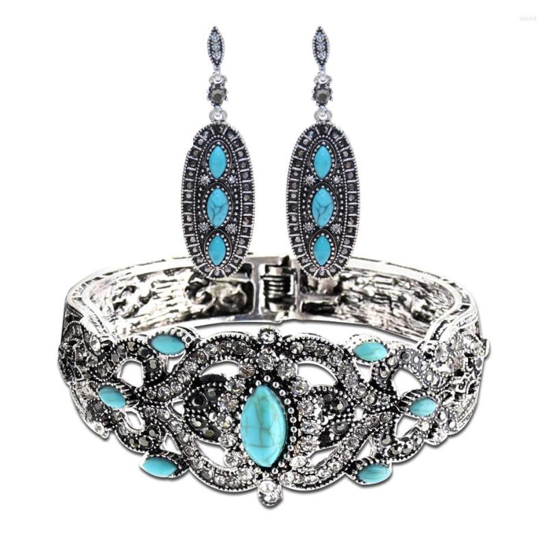 

Necklace Earrings Set Vintage Turkish Women Bracelet Earring Antique Silver Color Bangle Jewelry Flower Bride Banquet, Picture shown