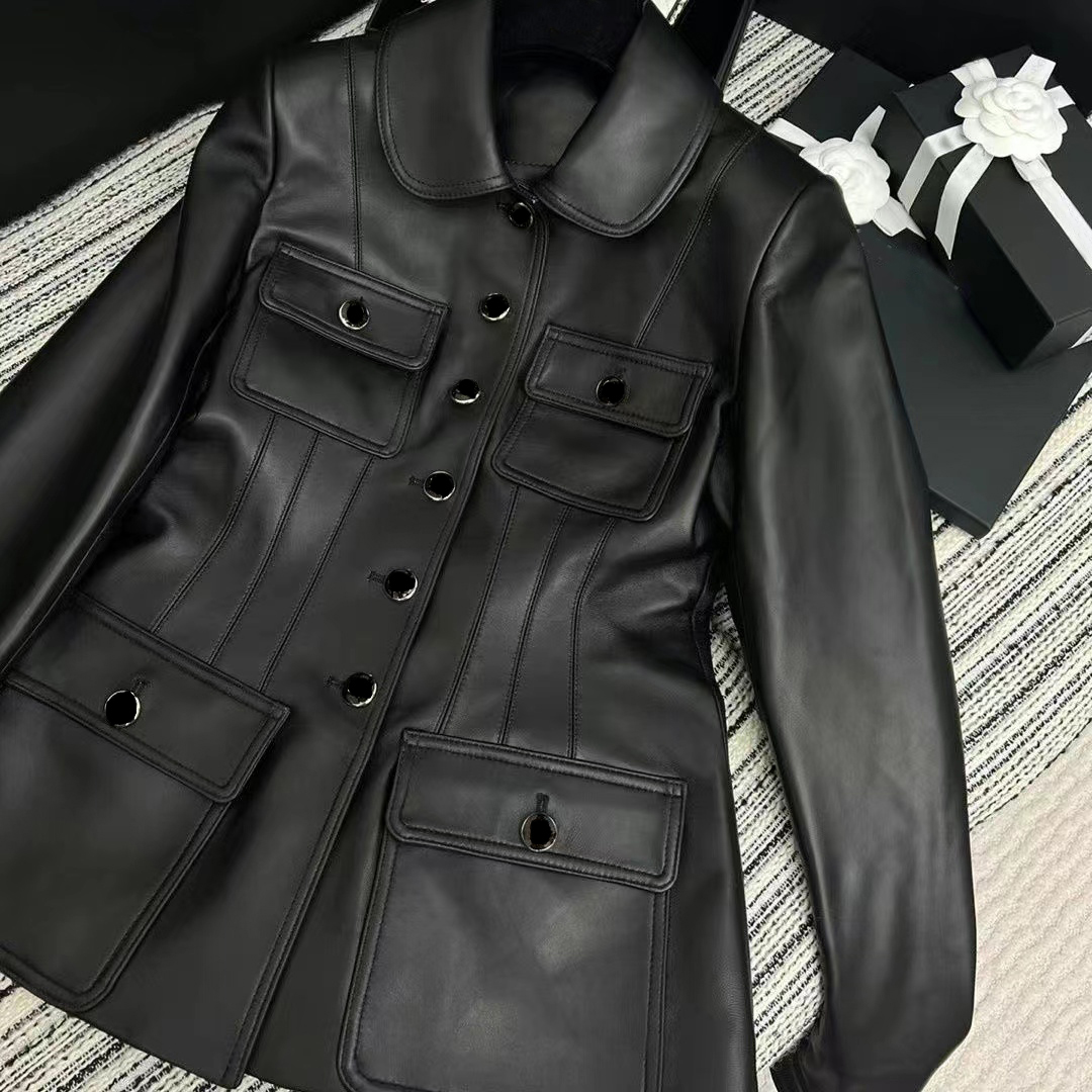 

Womens Designer Jackets Fashion Long Sleeve Genuine leather Jacket E161, Black