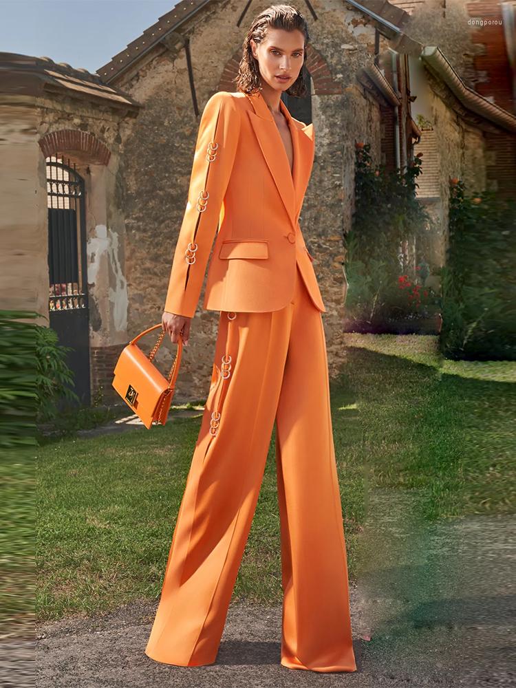 

Women' Two Piece Pants HIGH QUALITY Est Fashion 2022 Designer Runway Suit Set Women' Single Button Metal Rings Blazer Wide Leg, Orange