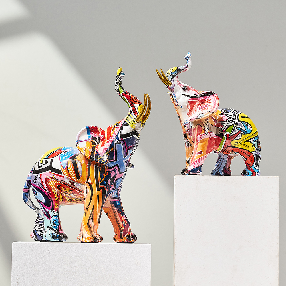 

Decorative Objects Figurines Art Colorful Elephant Sculpture Resin Animal Statue Modern Graffiti Home Living Room Desk Aesthetic Gift 221128