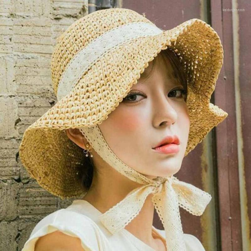 

Wide Brim Hats MAERSHEI Summer Women Straw Sun Hat Lady Girls Lace Ribbon Bow Panma Beach Floppy Female Travel Folding Chapeu Boater, Khaki