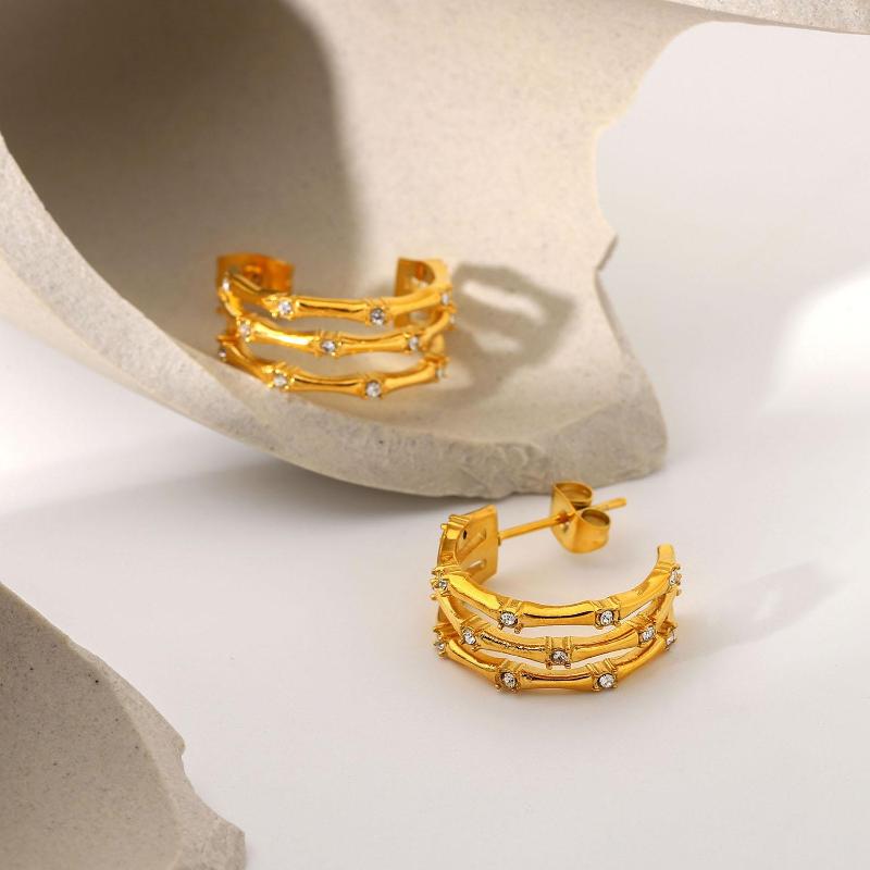 

Hoop Earrings Women Circle 18k Gold Stainless Steel Studs Chunky Tarnish Free Geometric 3 Layered Zircon Earring