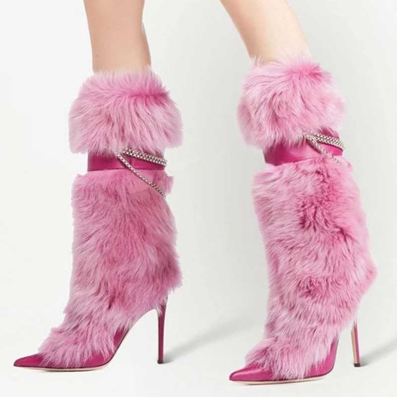

Fluff Pointy Women Boots New Fur High Stiletto Heels Chain Knee High Boot Female Luxury Slip On Fashion Shoes, Fuchsia
