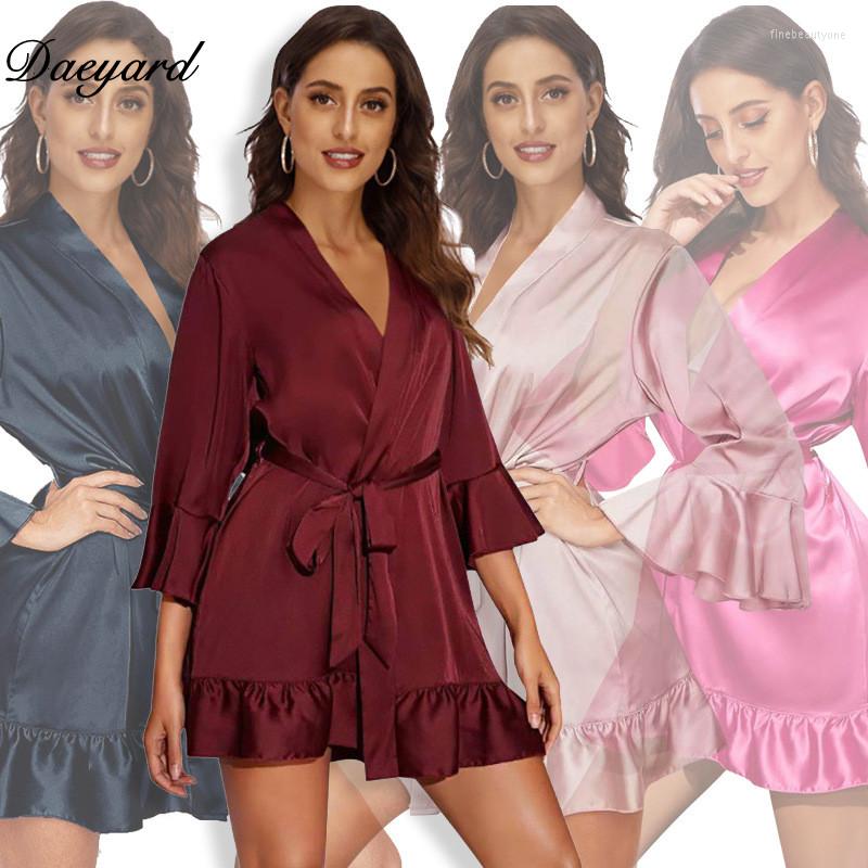 

Women' Sleepwear Daeyard Faux Silk Robe Women Elegant Ruffles Kimono Bathrobe Bride Bridesmaid Wedding Sexy Nightwear, Blue