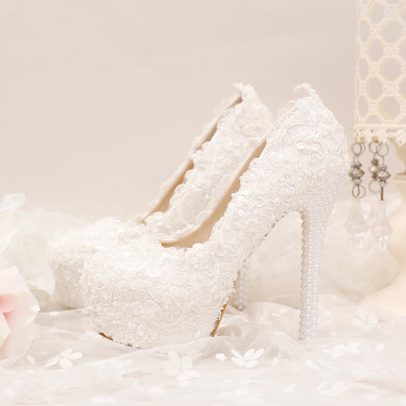 

Dress Shoes White Ultra-high Heels Waterpfoof Platform Pumps Women Lace Flower Pearl Stiletto Bride Elegant Wedding, 14cm heel