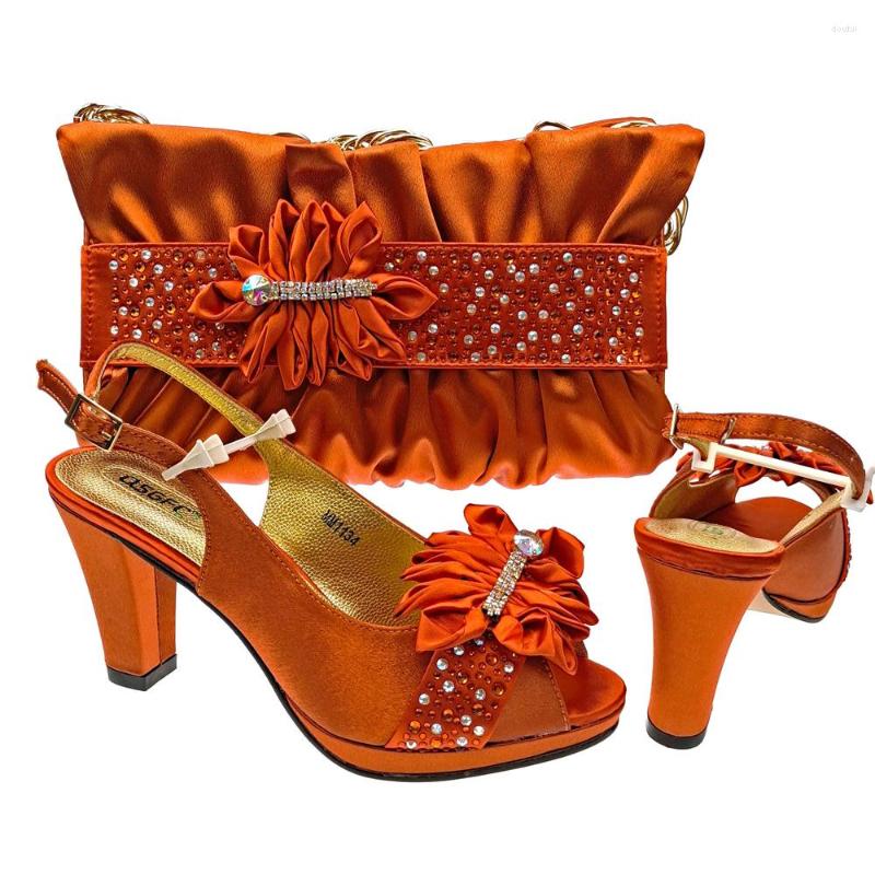 

Dress Shoes Latest Orange Color Silk Satin High Heels Flower Decoration Elegant Fashion Party Ladies Shoe And Bag Set, Photo color