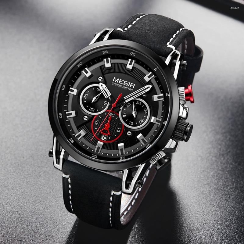 

Wristwatches 2022MEGIR Mens Watches Top Waterproof 24 Hour Date Quartz Clock Male Leather Sport Wristwatch Relogio Masculino, Rose case black face