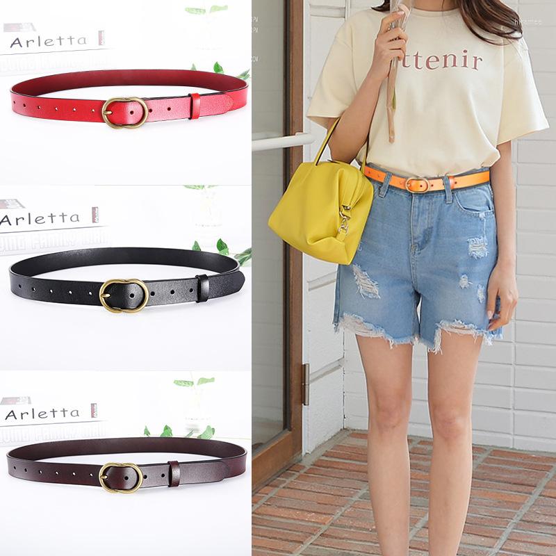 

Belts 2022 Women's Belt With Golden Pin Buckles Retro Ladies Cowhide Fashion Designer Woman Thin Skinny Waist Strap, Red