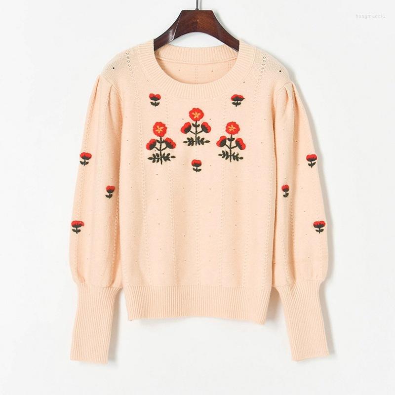 

Women' Sweaters Runway Lantern Sleeve Hand Hollow Embroidered Flowers Women Knitted Pullover O-Neck Loose Casual Sweater Coat Jumper Korean, Beige