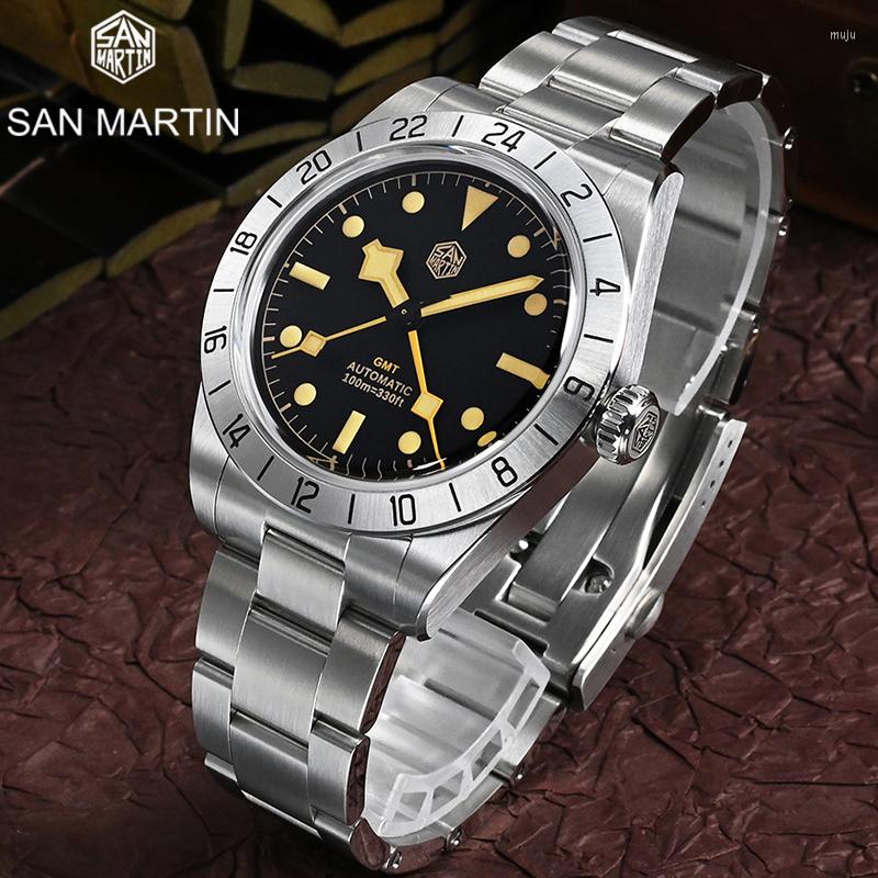 

Wristwatches San Martin 39mm BB GMT Stainless Steel Men's Watch 6460 Automatic Mechanical Green Luminous Sapphire Glass 200M Water, Matte white