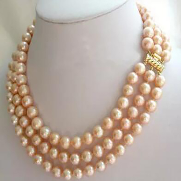 

Stunning 3 Rows 8-9mm Round Pink South Sea Pearls Necklace 17''18''19''