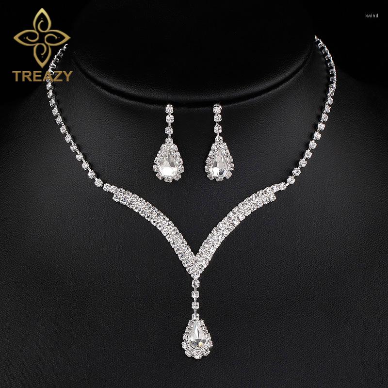 

Necklace Earrings Set TREAZY 4 Colors Crystal Bridal V Shaped Teardrop Choker Wedding Party For Women, Picture shown