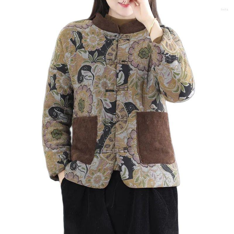 

Women's Trench Coats Women Printed Casual Cotton Short Jacket Winter INS Trend Middle-aged Elderly Mothers Velvet Thick Coat Top A926, Yellow