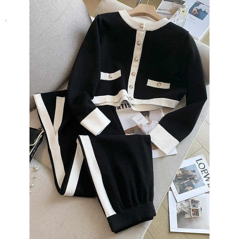 

Women s Two Piece Pants Black And White Contrast Color Knitting Set Winter Clothes Women Suits Knitted Outfits 221125
