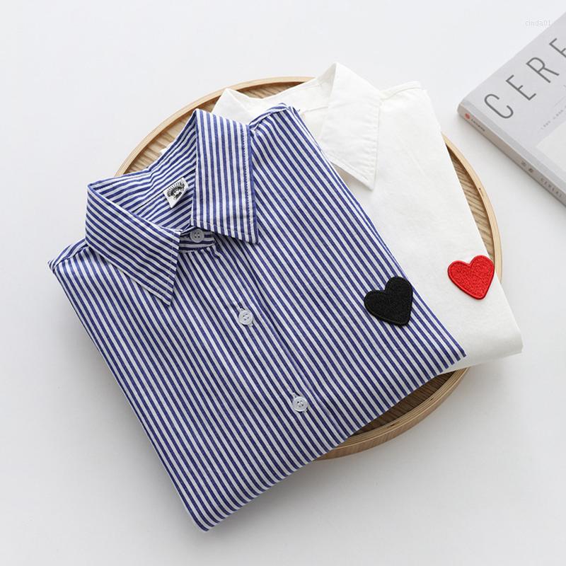 

Men' Casual Shirts Designer Sweet Hearted Embroidery Striped Women Turn Down Long Sleeved Single Breasted Blouse Tops, Blue