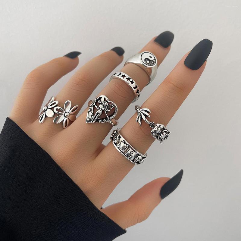 

Wedding Rings 6pcs/set Personality Retro Butterfly Moon Flower Yin Yang Ring Trendy Silver Color Metal Carved Geometric Finger Joint