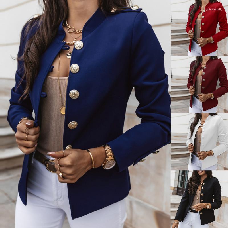 

Women' Suits Women Metal Double Breasted Woollen Blazers Coat Vintage Long Sleeve Female Outerwear Chic Tops, White