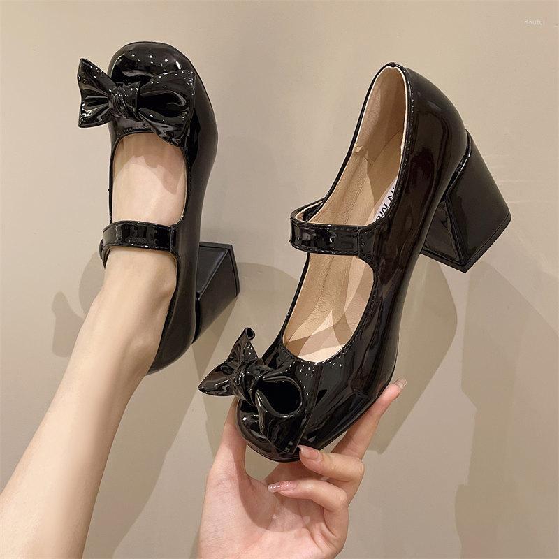 

Dress Shoes 2022 Summer Women Fashion Heels Round Mary Jane Toe Bow Strap High Heel Pumps White Black Patchwork Retro Women's Sandals