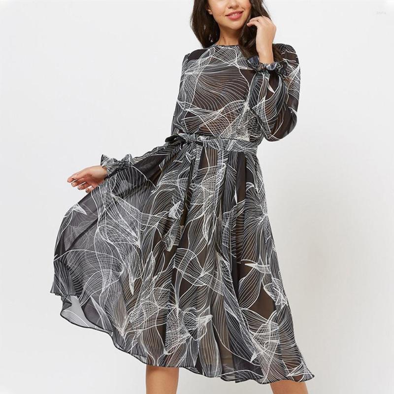 

Casual Dresses Women Elegant Printing Chiffon Dress Spring Fashion Flare Sleeve O Neck A Line Party Vestidos Midi Summer B407, Black