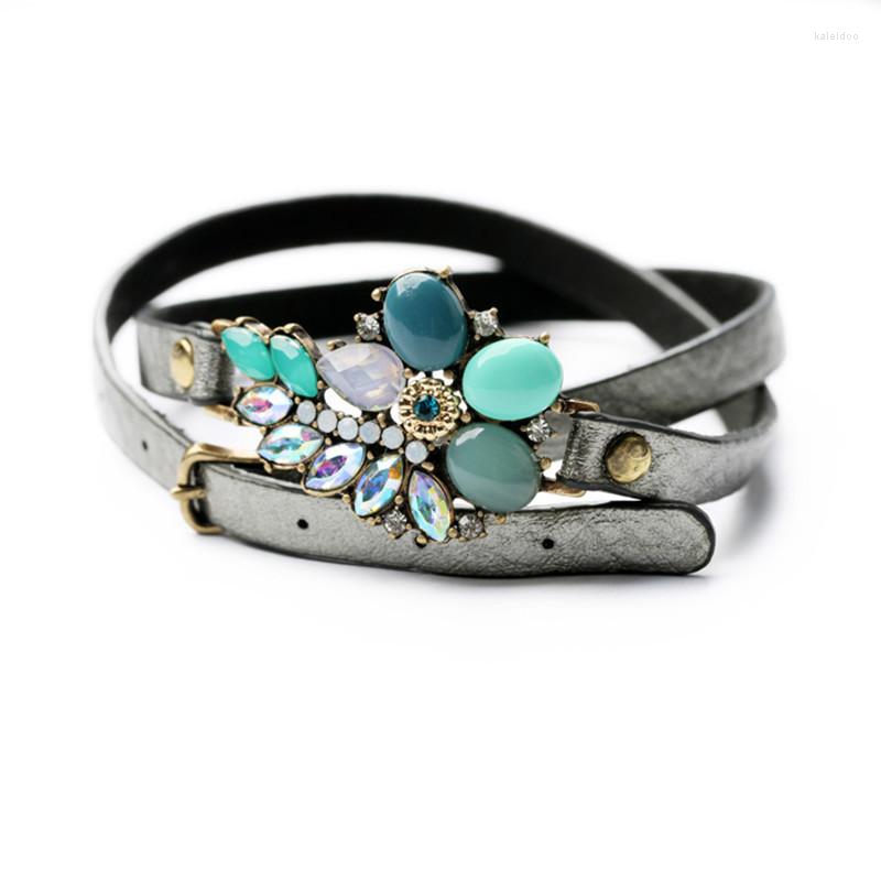 

Charm Bracelets Fashion Green Flower Long Leather Pu Vintage Wrap Bracelet Lace-up & Bangles Acrylic Jewelry For Women Bijou