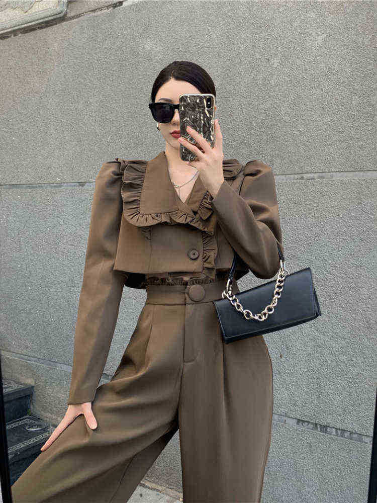 

Korean Chic Two Piece Set Women Short Jacket Crop Top sHigh Waist Wide Pants Suits Sweet Ensemble femme 2 Piece Outfits J220813, Black two piece set