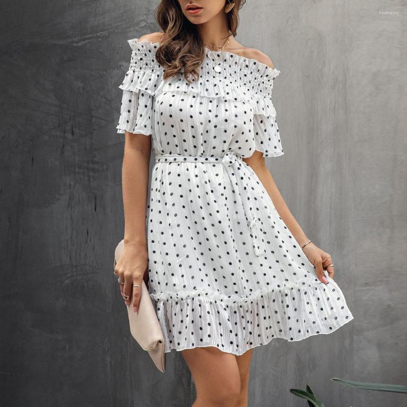 

Hoodies Off Shoulder White Vintage Polka Dot Print Mini Sleeve Summer 2022, C589-1