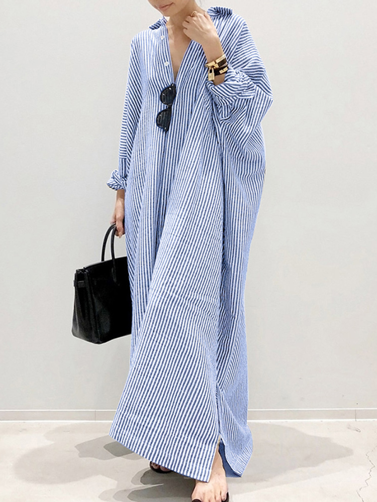

Casual Dresses Stripe Printed Beach Party Sundress ZANZEA Autumn Bohemian Women Long Sleeve Lapel Dress Fashion Loose Vestidos 221125, Gray