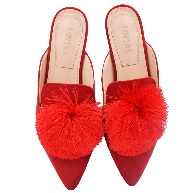 

Slippers Lovirs Mules For Women Puff Pom-poms Embellished Slip On Loafers Backless Pointed Toe Satin Mule Slides Shoes Size 5-15, Nude