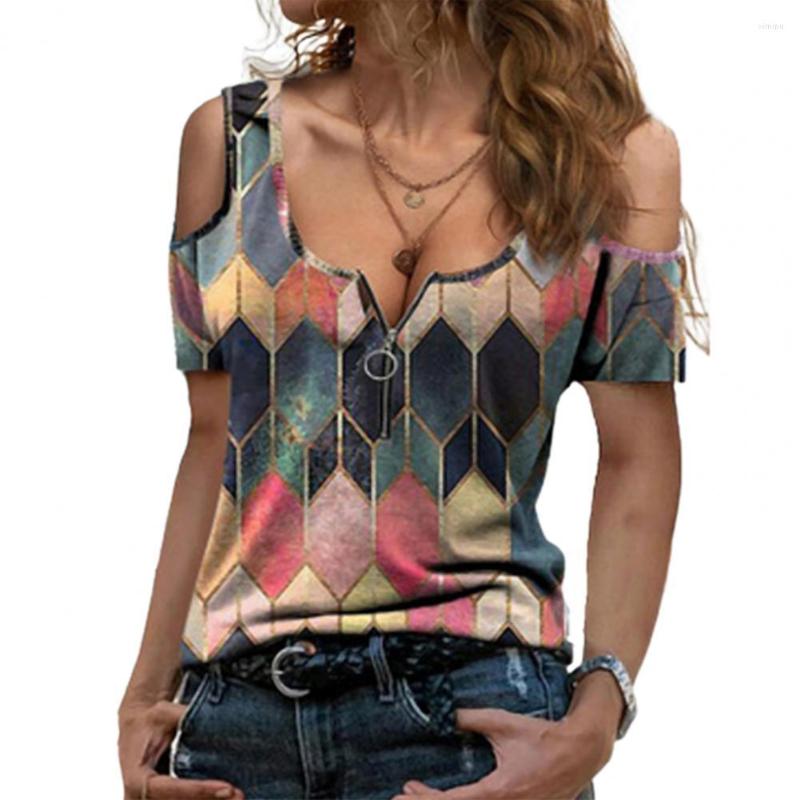 

Women' T Shirts Sexy Women T-shirt Cold Shoulder Short Sleeve Geometric Print Zipper V Neck Blouse Summer Vinrage Loose Shirt Blusas, Green
