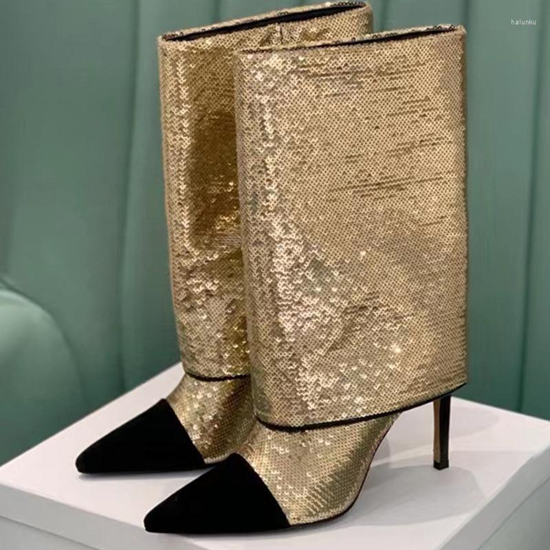 

Boots 2022 Style Sequins Trousers Splicing Pointy 10cm Thin High-heeled Mid-calf With Suede Prom Dress Women's Shoes, Xjk8901gray